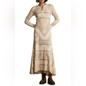 Polo Ralph Lauren Aztec Navajo Henley Long Sleeve Maxi Dress Cream Size Small